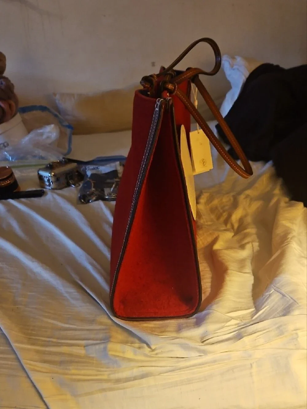 Tory Burch Red Suede Tote with White Perforated Logo